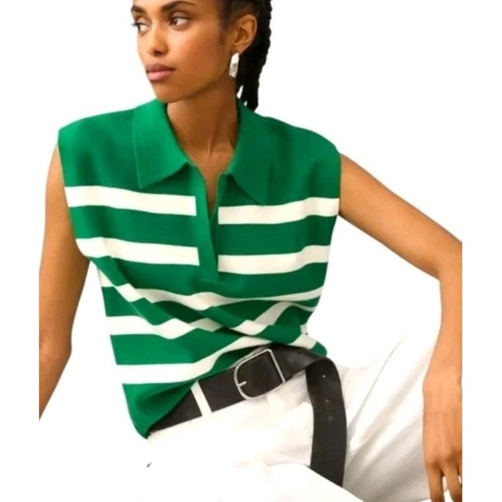 Maeve Anthropologie Green White Striped Collared Sweater Vest XS Sleeveless Knit